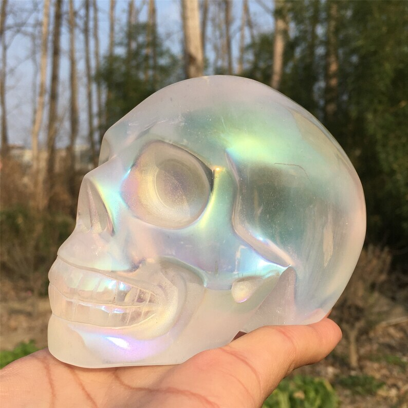 Titanium Rainbow Clear Melting stone Crystal Skull Reiki Heal Mineral Sample 1PC
