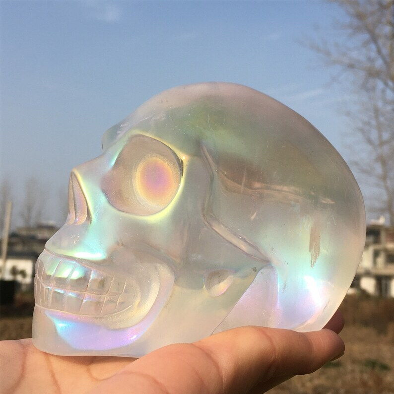 Titanium Rainbow Clear Melting stone Crystal Skull Reiki Heal Mineral Sample 1PC