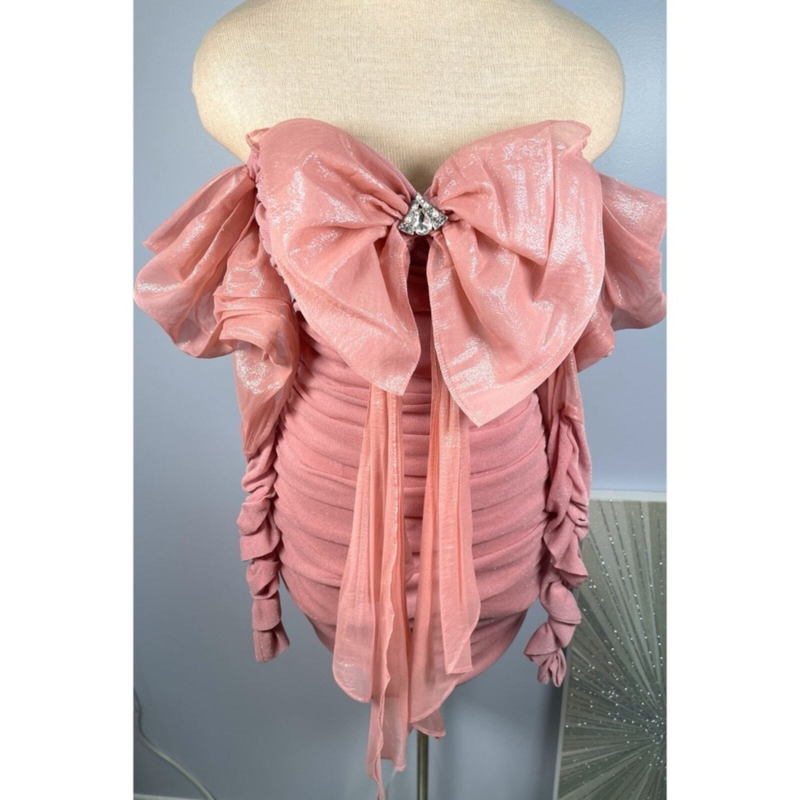 Nana Jacqueline Viviana Pink Ruched Puff Sleeve Off the Shoulder Mini Dress Sz L