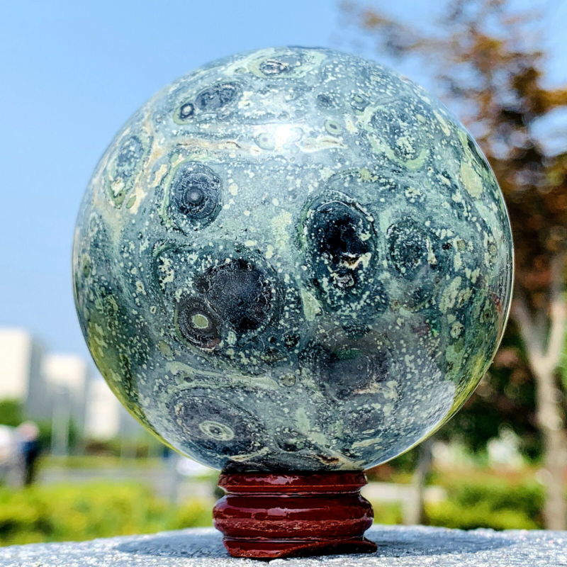480G Eye Green Kambaba Jasper Stromatolite Crystal Sphere Ball Madagascar