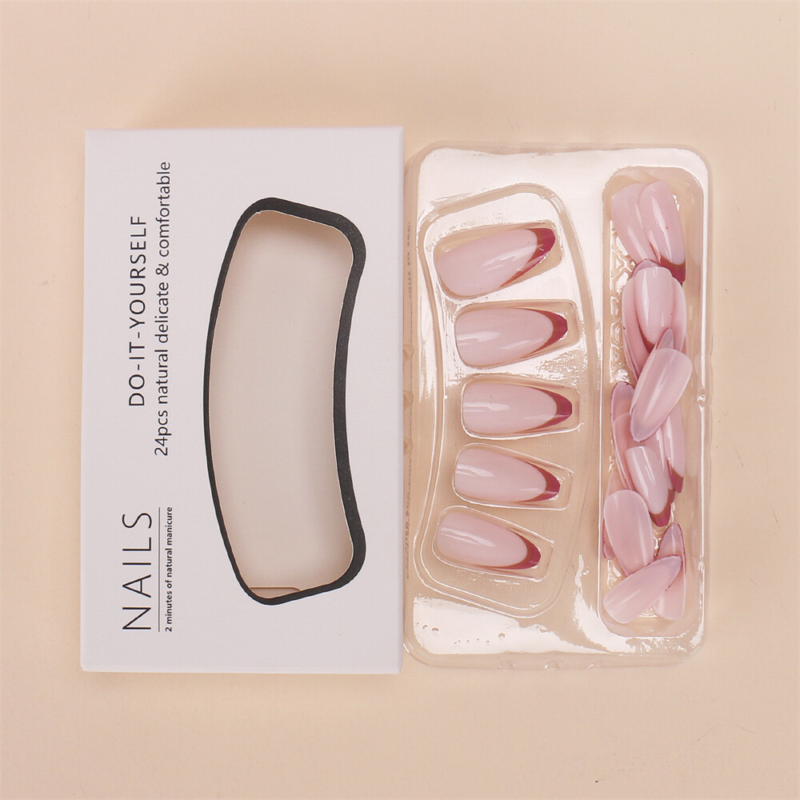 French Tips Pink Color False Nail Short Almond Press on Nails for Nail Art 24pcs