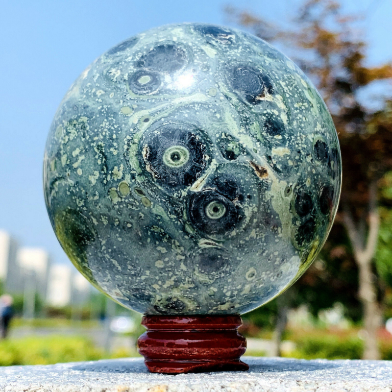 480G Eye Green Kambaba Jasper Stromatolite Crystal Sphere Ball Madagascar