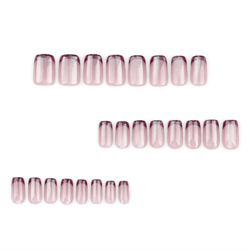 Square Short Press-On False Nail Nude Color Cat's Eye Red French Manicure 24pcs