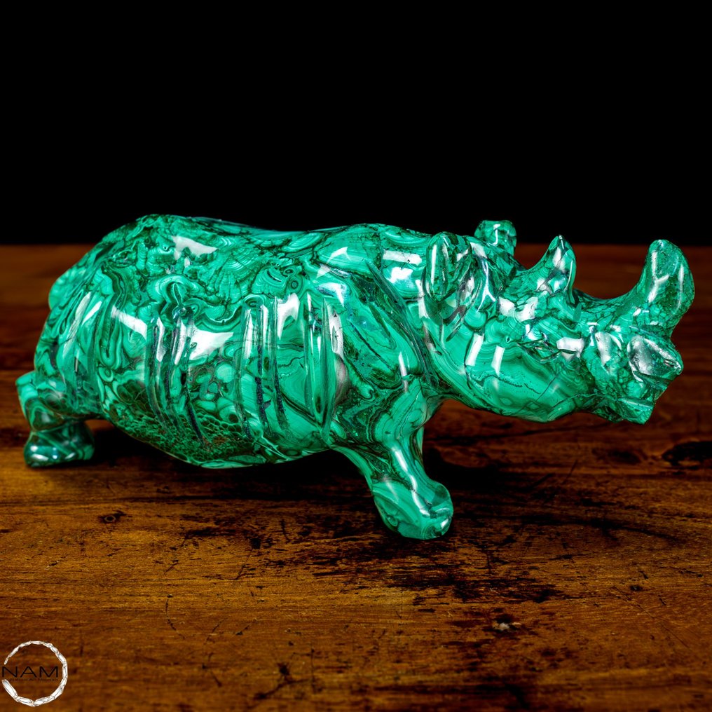 First Quality Natural Malachite Rhino Carving- 1361.27 g
