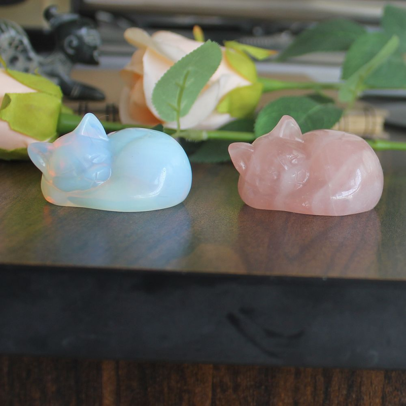 Carved crystal gemstone crystal sleeping cat figurine animal statue decor 2''
