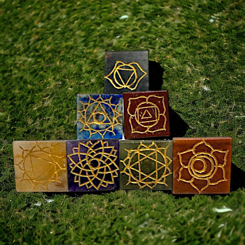 Set of 7- Seven Chakra Crystal Pyramid Healing Meditation Stone Pyramid Reiki