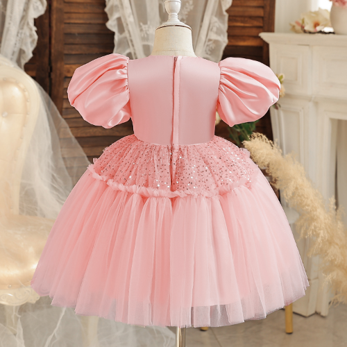 Baby Champagne Baptism Dress Cute Girl Sequin Puff Sleeve Fairy 1 Year Birthday