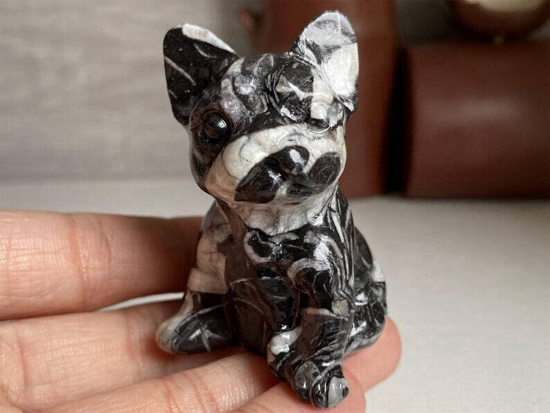 Natural Quartz Crystal Carved Rough Stone French Bulldog Healing Animal Decor