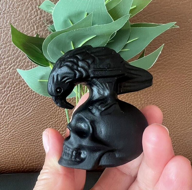TOP ! Natural Obsidian Hand Carved Crow Skull Crystal Quartz Reiki Healing 1PC