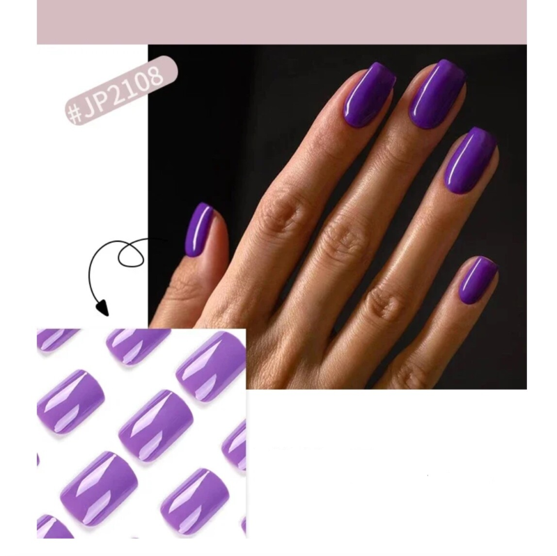 24 Press On False Nails Sticky Tabs Reusable Mid Length Square Tips FULL COLOUR