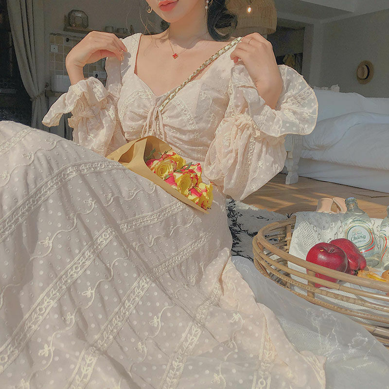 Vintage Fairy Dress Women Elegant Chiffon Dress Long Sleeve French Party Midi