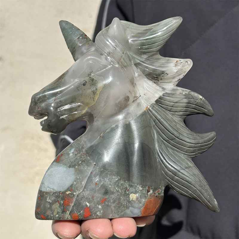 0.48kg Natural Blood stone unicorn skull carved Quartz Crystal skull Healing