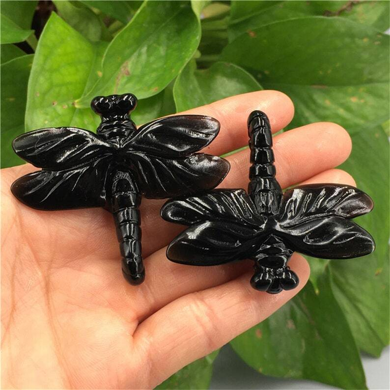 1pc Natural Obsidian Quartz Dragonfly Crystal Hand Carved animal Heal collection