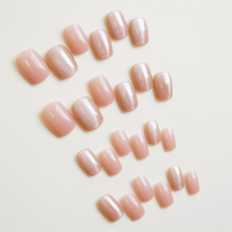 Nude Color Cat Eye False Nail Short Square Press on Nails for Nail Art 24pcs