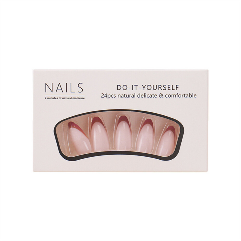 French Tips Pink Color False Nail Short Almond Press on Nails for Nail Art 24pcs