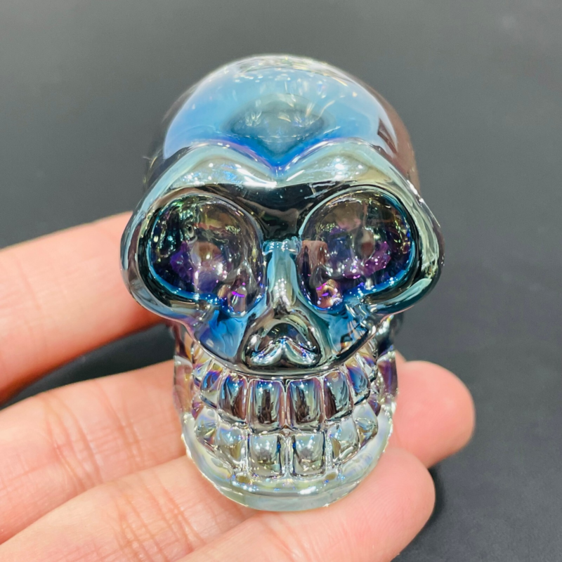 2" Rainbow Titanium melting Quartz Hand carved skull crystal reiki healing 1PC