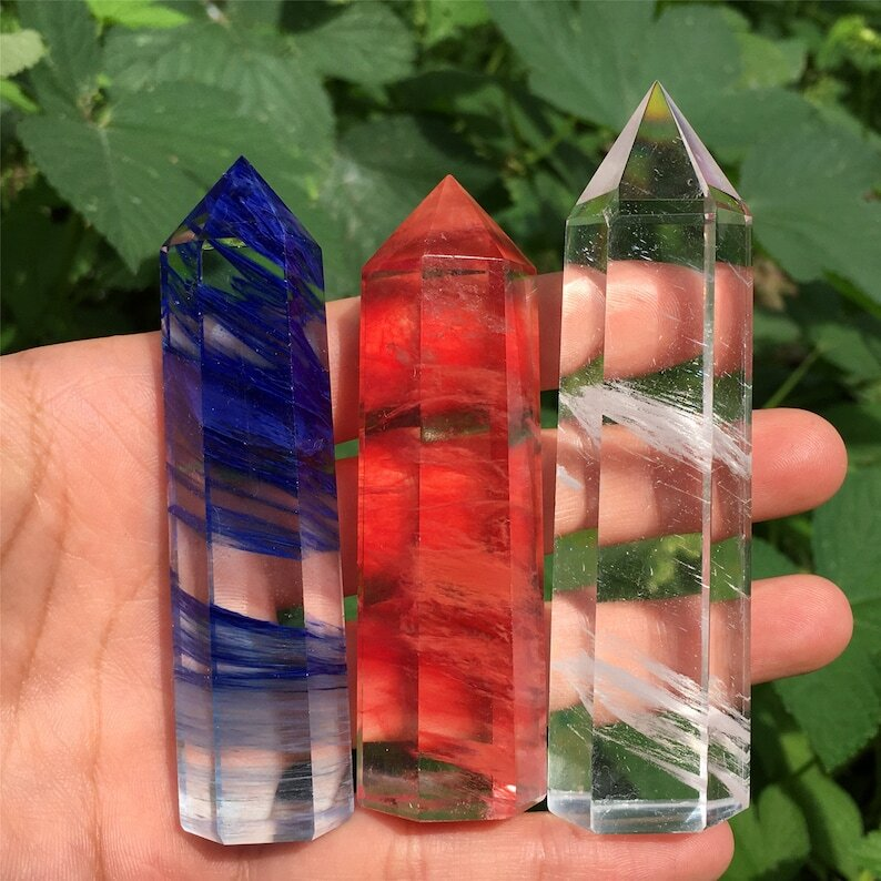 3PC Red+Blue+Clear Melting Stone Obelisk Quartz Crystal Wand Point Decoration