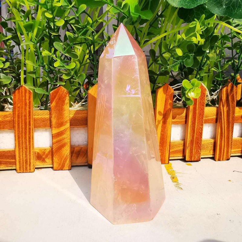 535g electroplated natural pink rose quartz obelisk rainbow crystal point reiki
