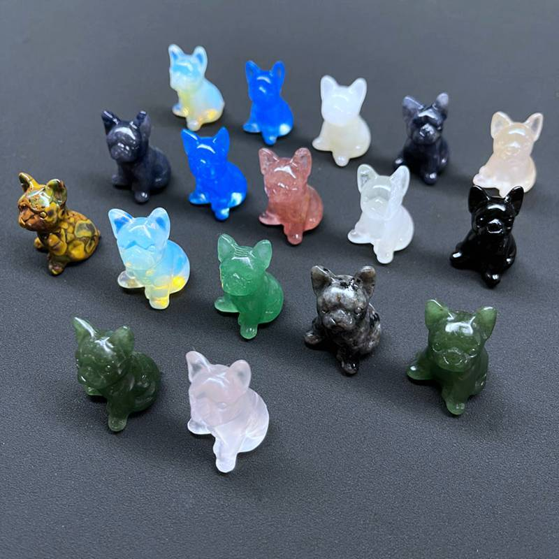 Natural Quartz Crystal Carved Rough Stone French Bulldog Healing Animal Decor