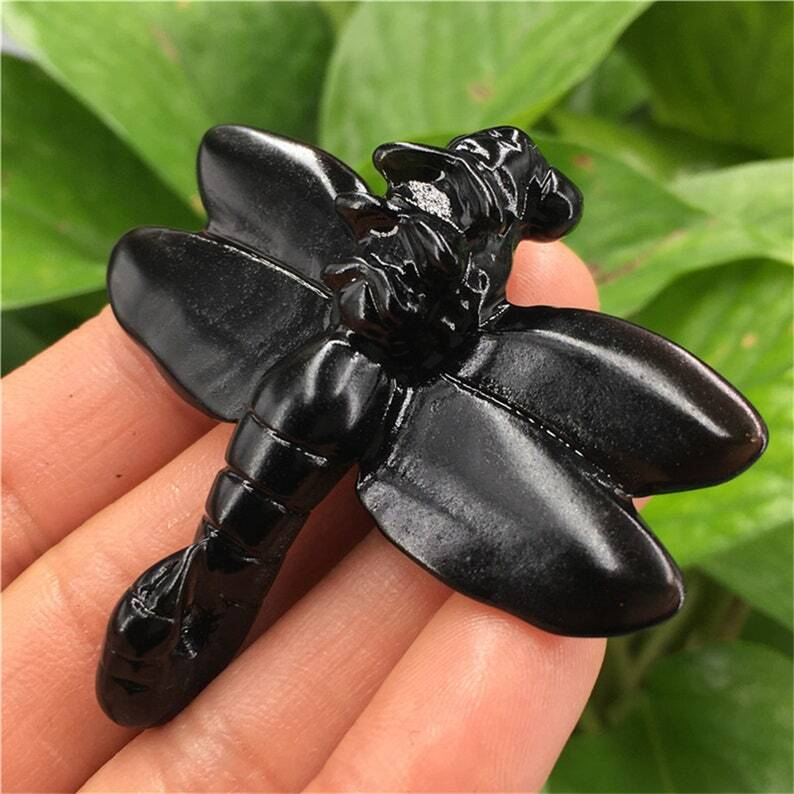 1pc Natural Obsidian Quartz Dragonfly Crystal Hand Carved animal Heal collection