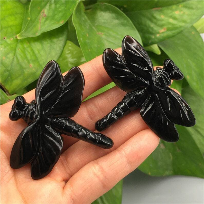 1pc Natural Obsidian Quartz Dragonfly Crystal Hand Carved animal Heal collection