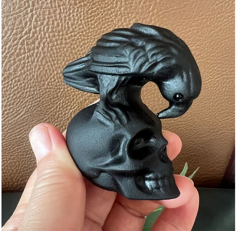 TOP ! Natural Obsidian Hand Carved Crow Skull Crystal Quartz Reiki Healing 1PC