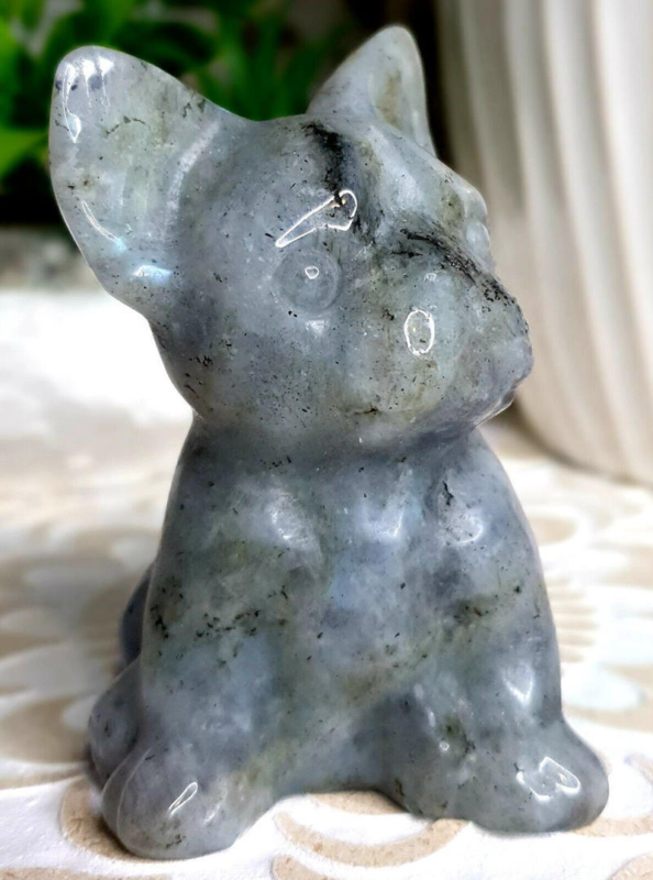 Natural Quartz Crystal Carved Rough Stone French Bulldog Healing Animal Decor