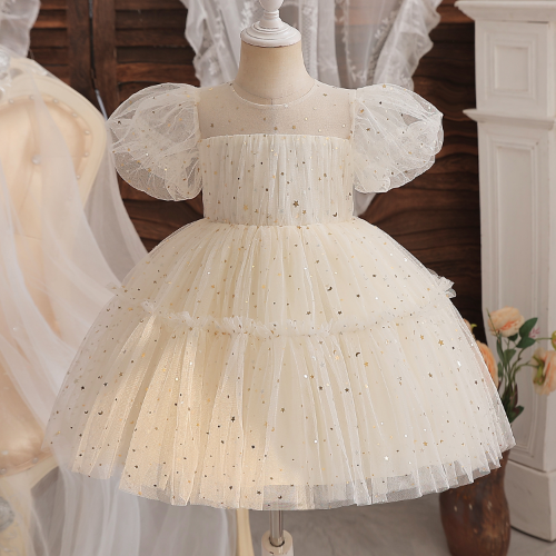 Baby Champagne Baptism Dress Cute Girl Sequin Puff Sleeve Fairy 1 Year Birthday
