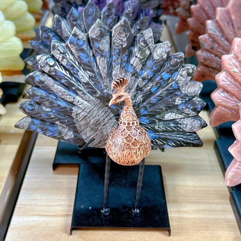 Variety of Materials Available Crystal Peacock Tails With Stand Reiki Heal