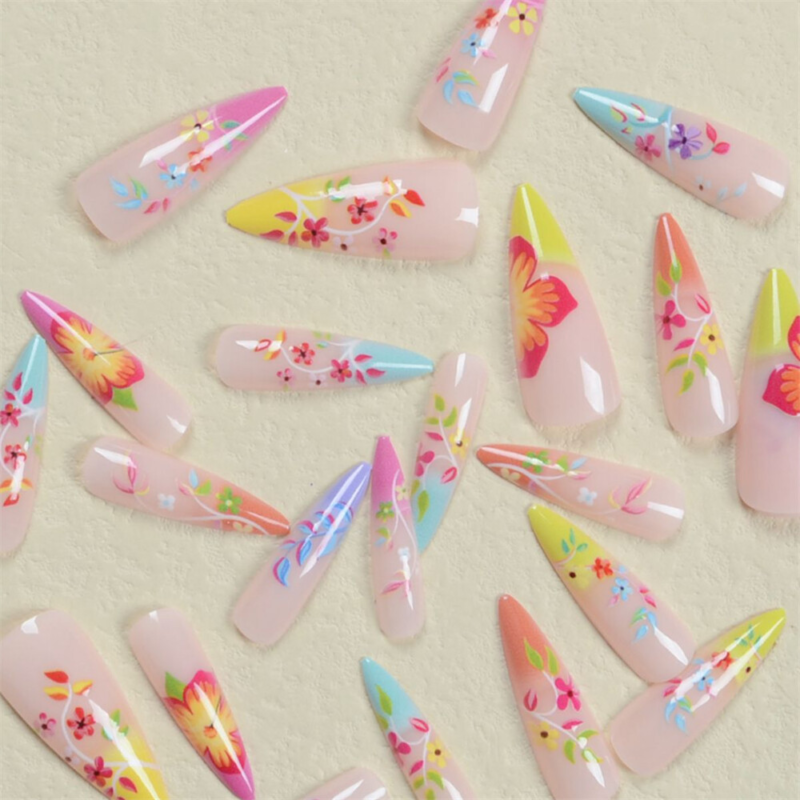 Colorful French Summer False Nail Short Almond Press on Nails for Nail Art 24pcs