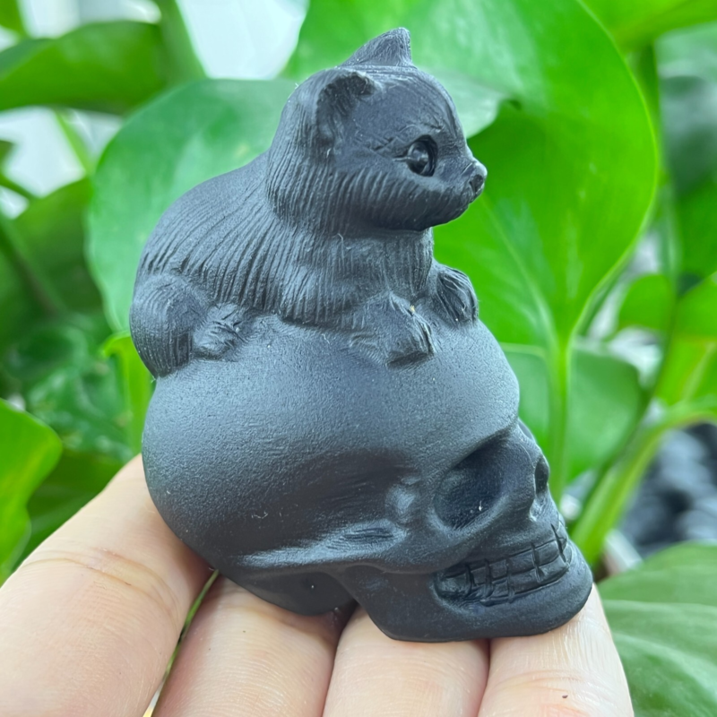 1pc Natural obsidian cat hand carved quartz crystal animal skull Reiki gift 2"