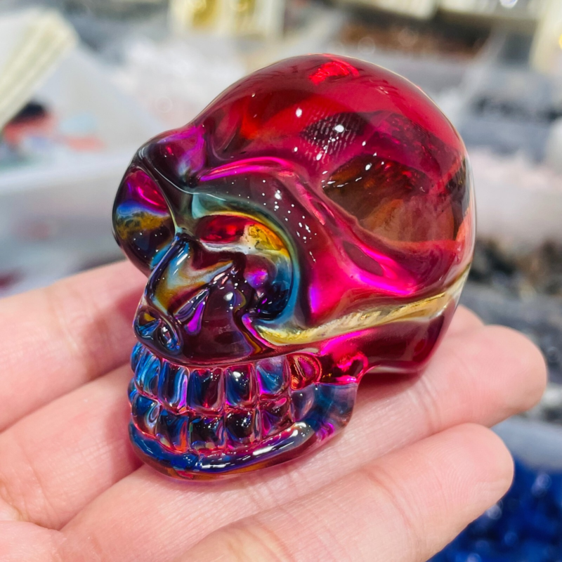 2" Rainbow Titanium melting Quartz Hand carved skull crystal reiki healing 1PC