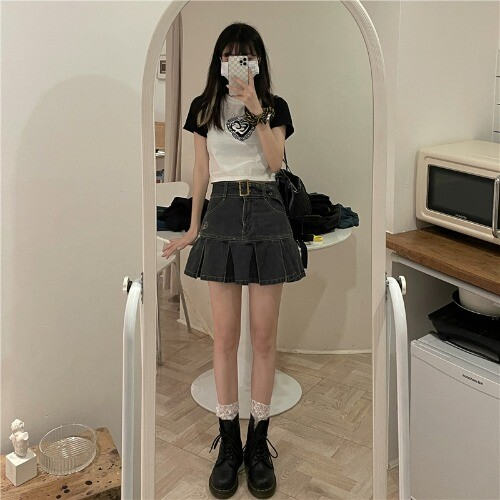 Kawaii Girl Hot sweet DenimSkirt Pleated Casual High Waist A Word Short Skirt