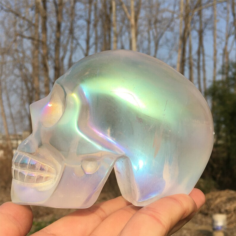 Titanium Rainbow Clear Melting stone Crystal Skull Reiki Heal Mineral Sample 1PC