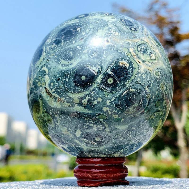 480G Eye Green Kambaba Jasper Stromatolite Crystal Sphere Ball Madagascar