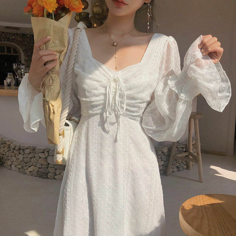 Vintage Fairy Dress Women Elegant Chiffon Dress Long Sleeve French Party Midi