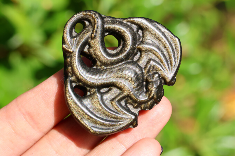 1.9" Hand Carved Natural Gold obsidian dragon Reiki Crystal Skull decor 1PC