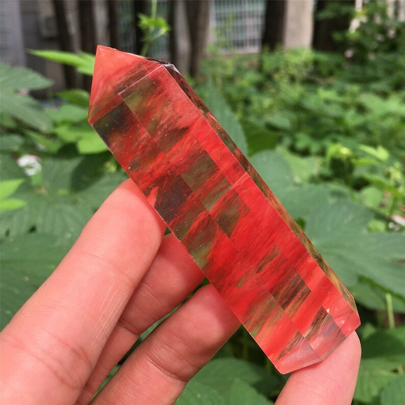 3PC Red+Blue+Clear Melting Stone Obelisk Quartz Crystal Wand Point Decoration
