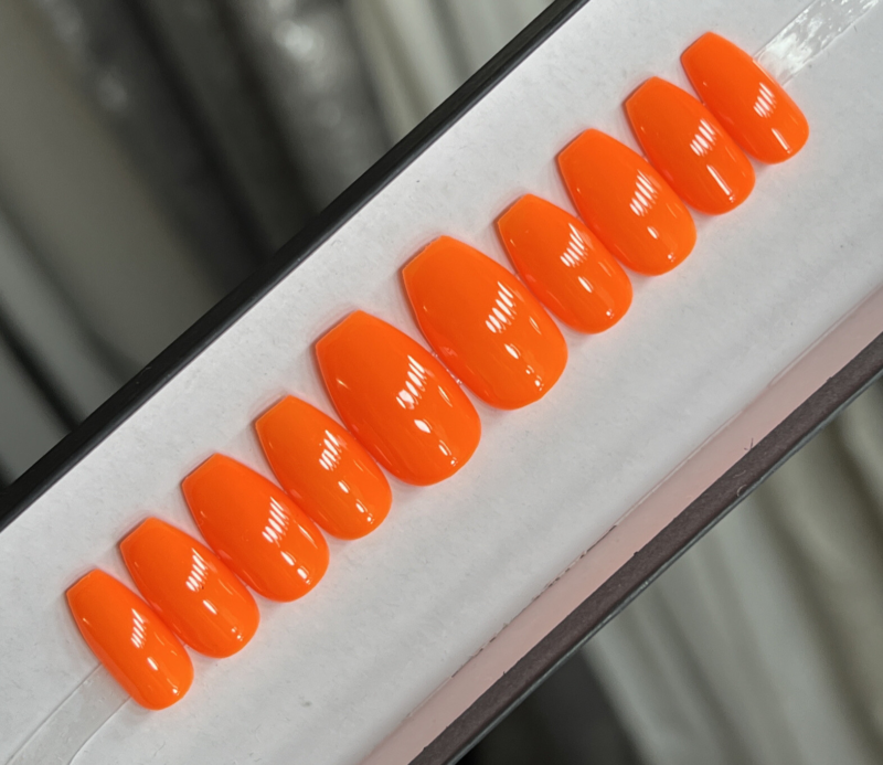 CUSTOM Gel Press On Nails, BLAZING ORANGE , Ballerina short, 10p Set W KIT