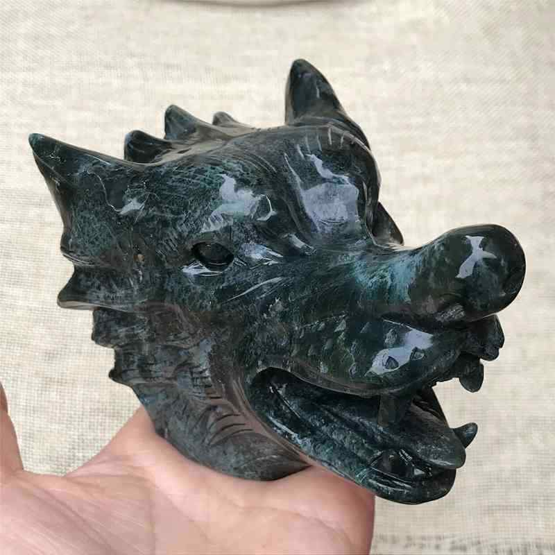 0.77kg Natural moss agate Wolf skull carved Quartz Crystal skull Healing