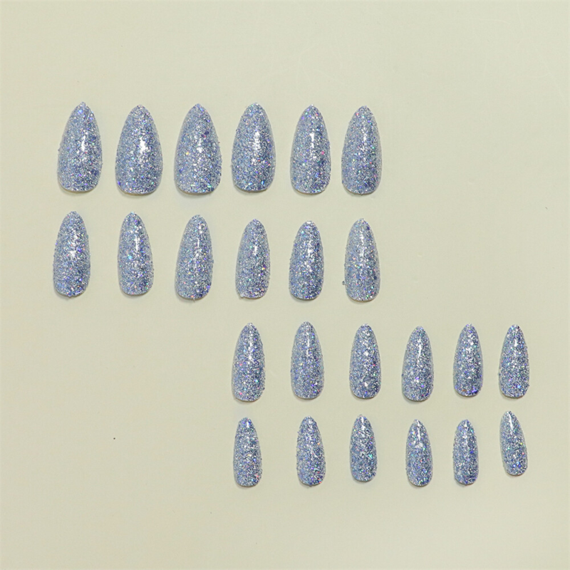 Sparkly Gray Blue False Nail Long Almond Press on Nails for Nail Art Decor 24pcs