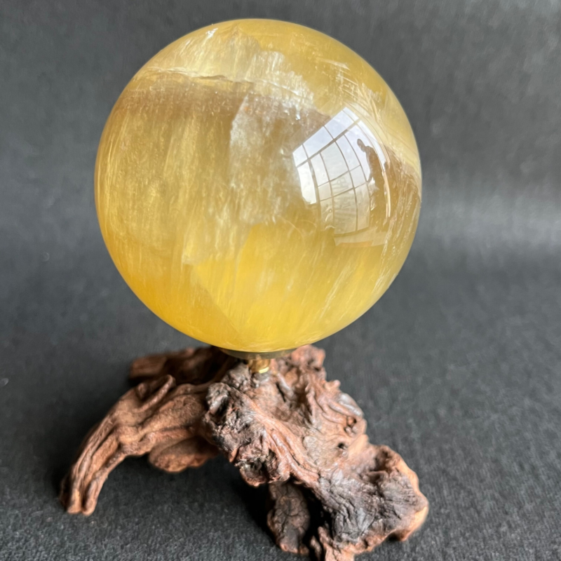 299G Natural yellow fluorite quartz crystal ball sphere healing + Stand