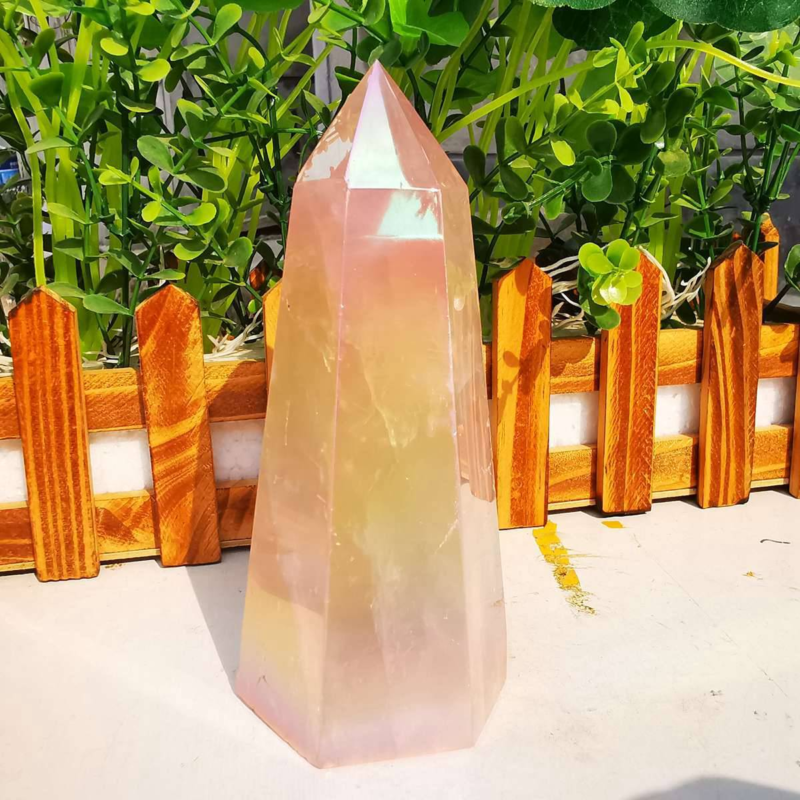 535g electroplated natural pink rose quartz obelisk rainbow crystal point reiki