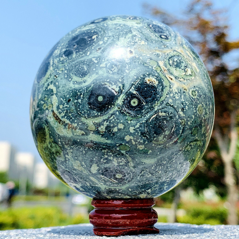 480G Eye Green Kambaba Jasper Stromatolite Crystal Sphere Ball Madagascar