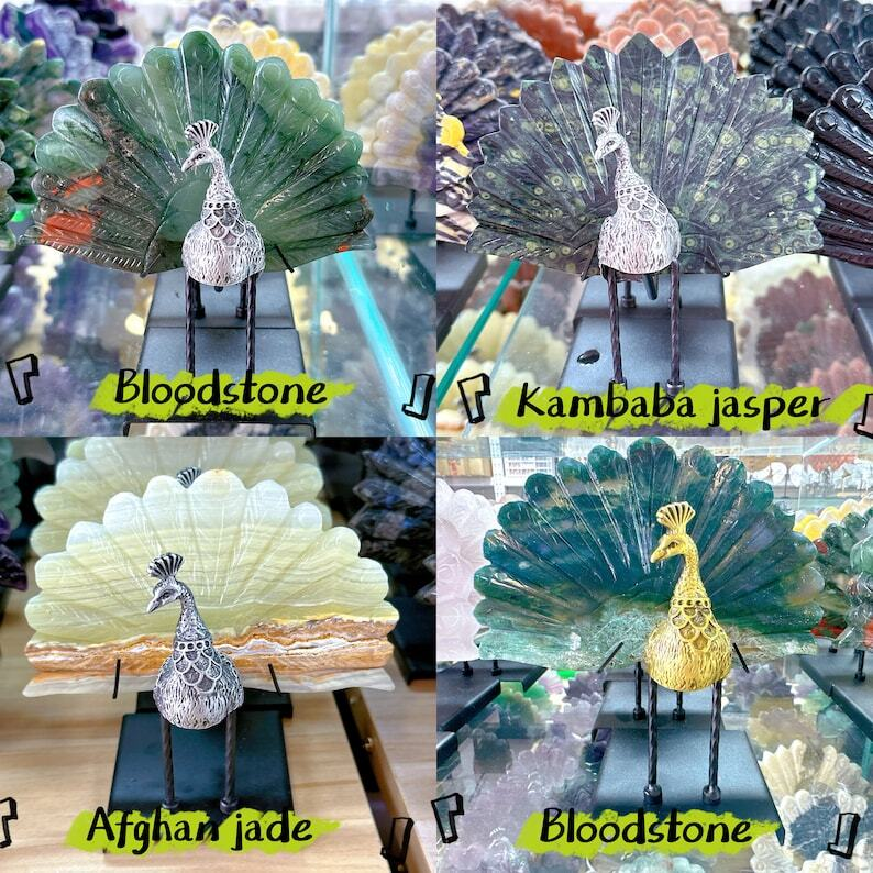 Variety of Materials Available Crystal Peacock Tails With Stand Reiki Heal