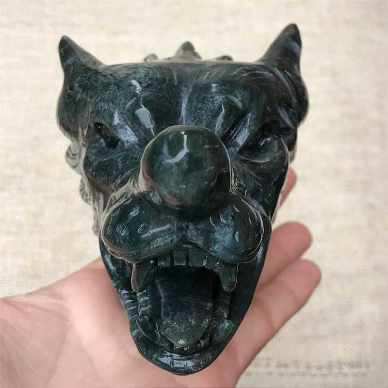 0.77kg Natural moss agate Wolf skull carved Quartz Crystal skull Healing