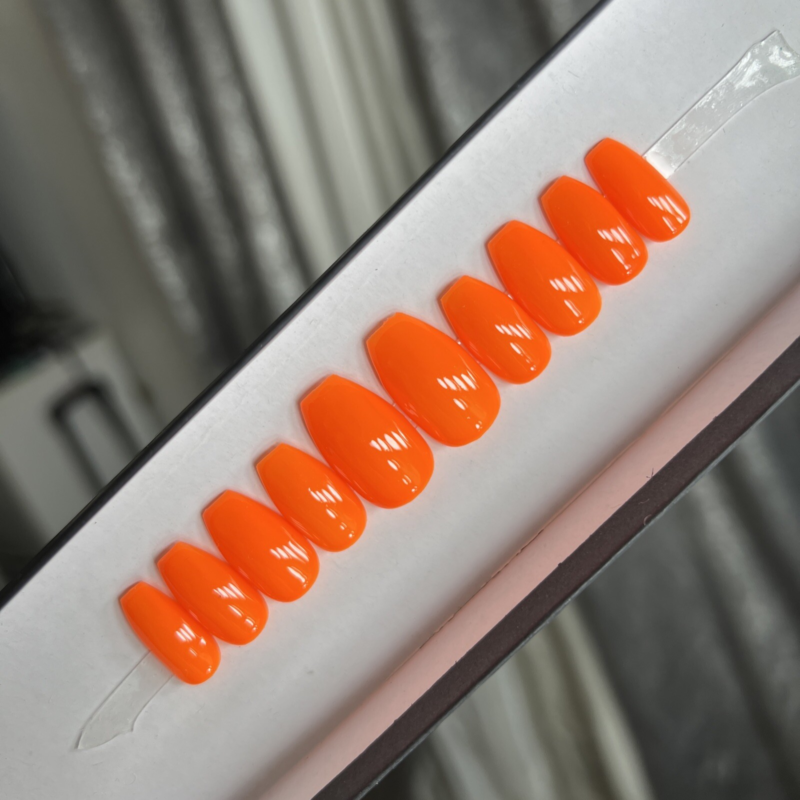 CUSTOM Gel Press On Nails, BLAZING ORANGE , Ballerina short, 10p Set W KIT
