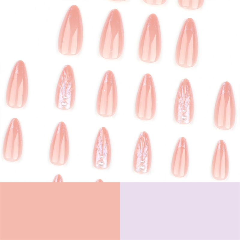Almond Short Press-On False Nail 3D Soild Shell Aurora Nude Color Manicure 24pcs
