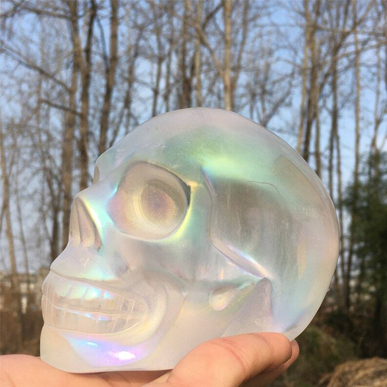 Titanium Rainbow Clear Melting stone Crystal Skull Reiki Heal Mineral Sample 1PC