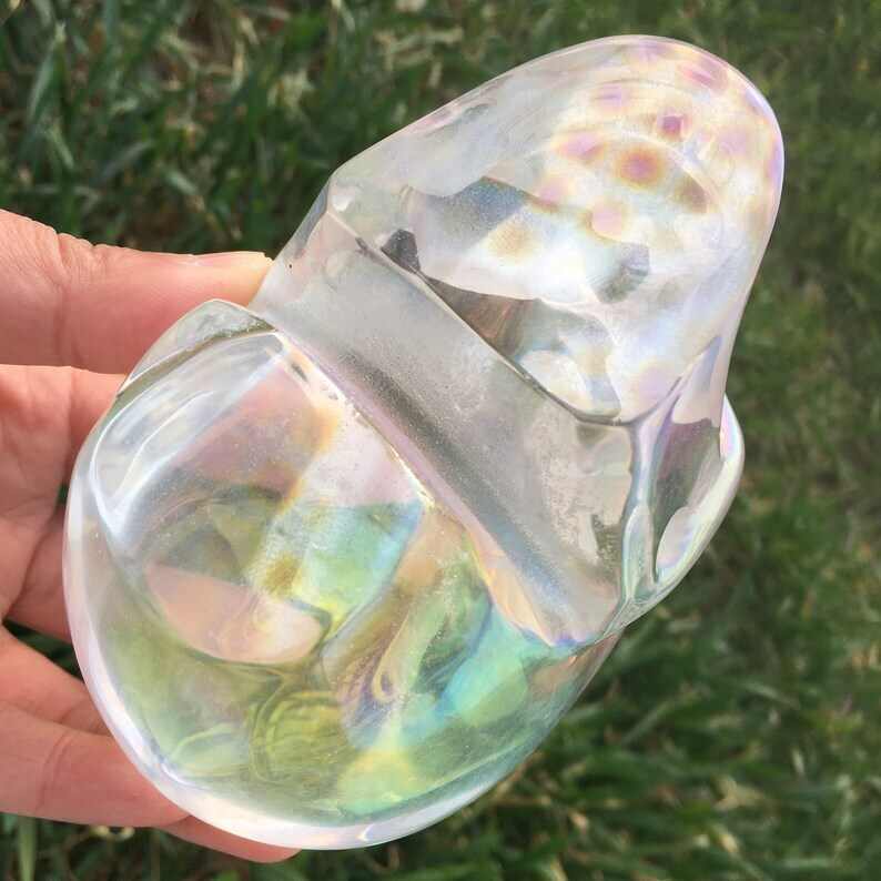 Rainbow Titanium Aura Clear Melting Stone Skull Reiki Heal Crystal sculpture